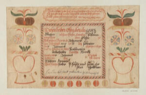 Hand illustrated document with a central rectangle containing text. On each side are abstract drawings.