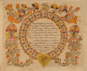 Public Domain Review example of baptismal certificate c.1785. Hand illustrated document with central circle that contains text. The outer edges are orange and brown flowers and birds.